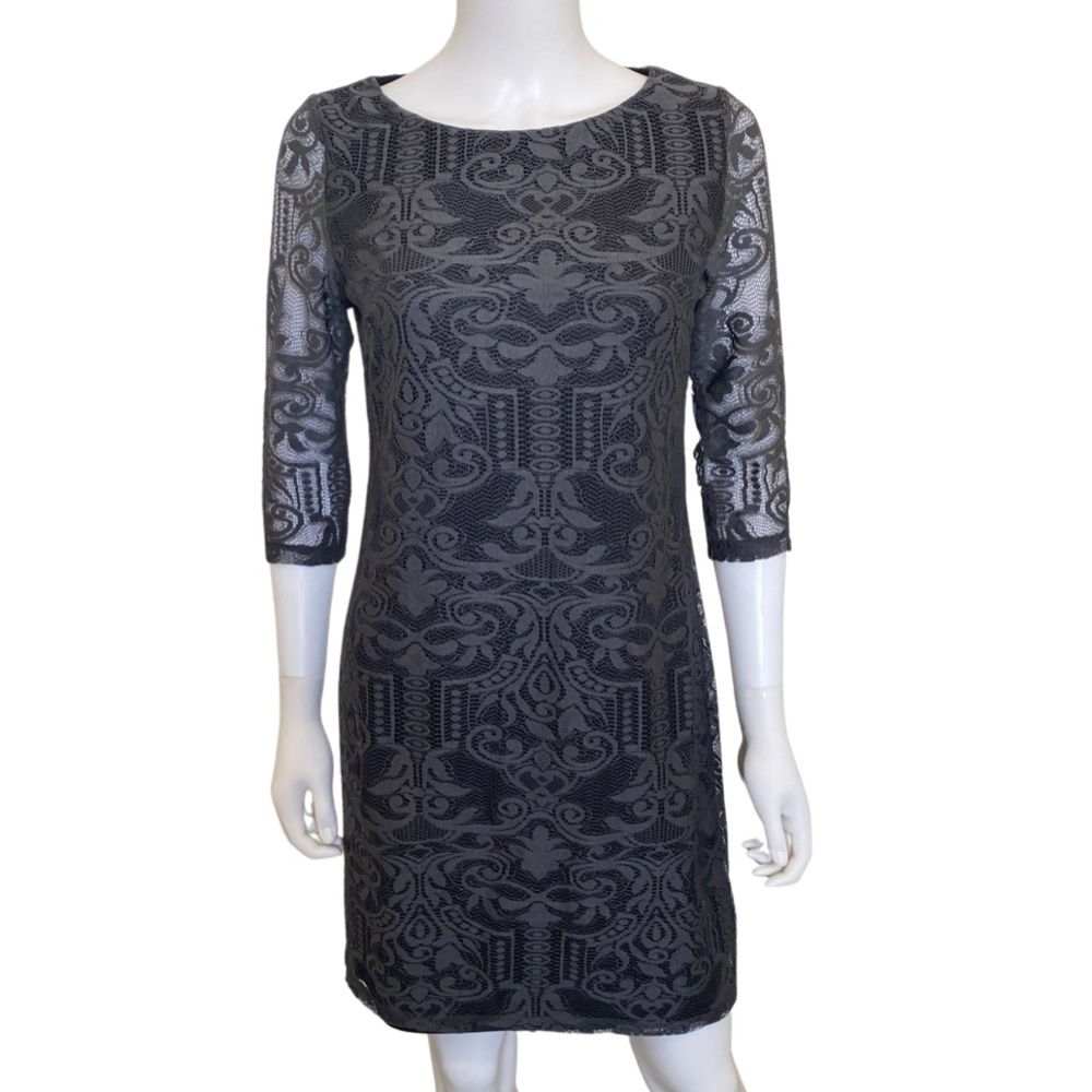 Gray and black lace 3/4 sleeve shift dress